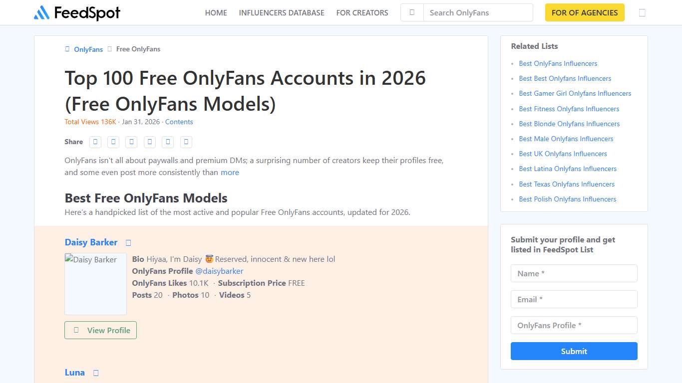 Top 100 Free OnlyFans Accounts in 2026 (Free OnlyFans Models)